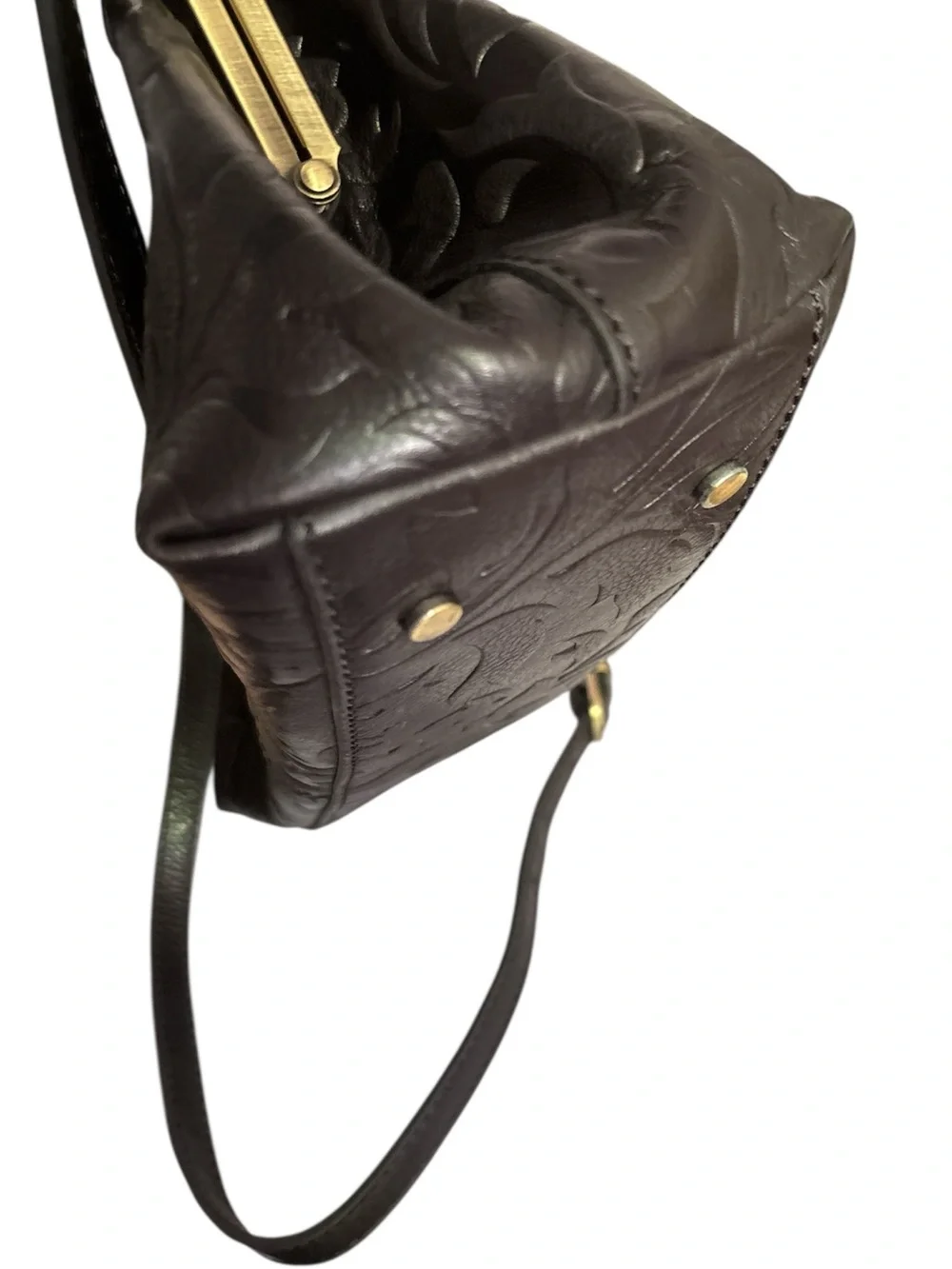 Gianni Conti embossed leather Framed Handbag KissLock Closure crossbody shoulder - Picture 8 of 9